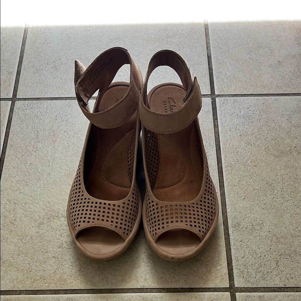 Clarks Tan Sandals with Ankle Strap and Wedge Heel